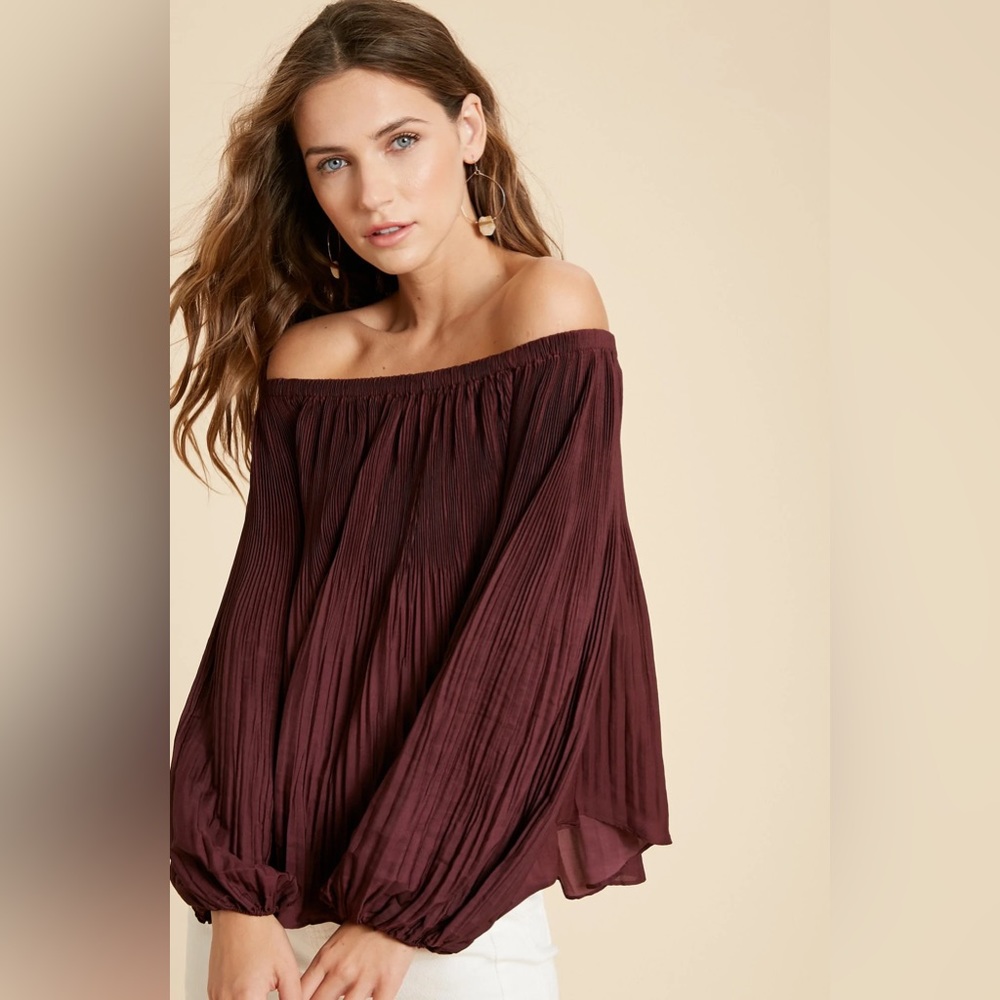 Wishlist Satin Pleated Off the Shoulder Wine Blouse